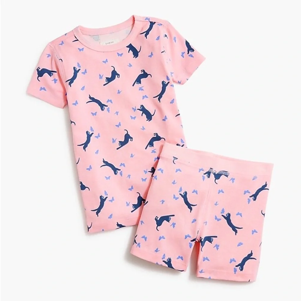 Crewcuts J. Crew Kids Pink 2-Piece Pajama Set with Blue Cat and Butterfly Print - Picture 1 of 8